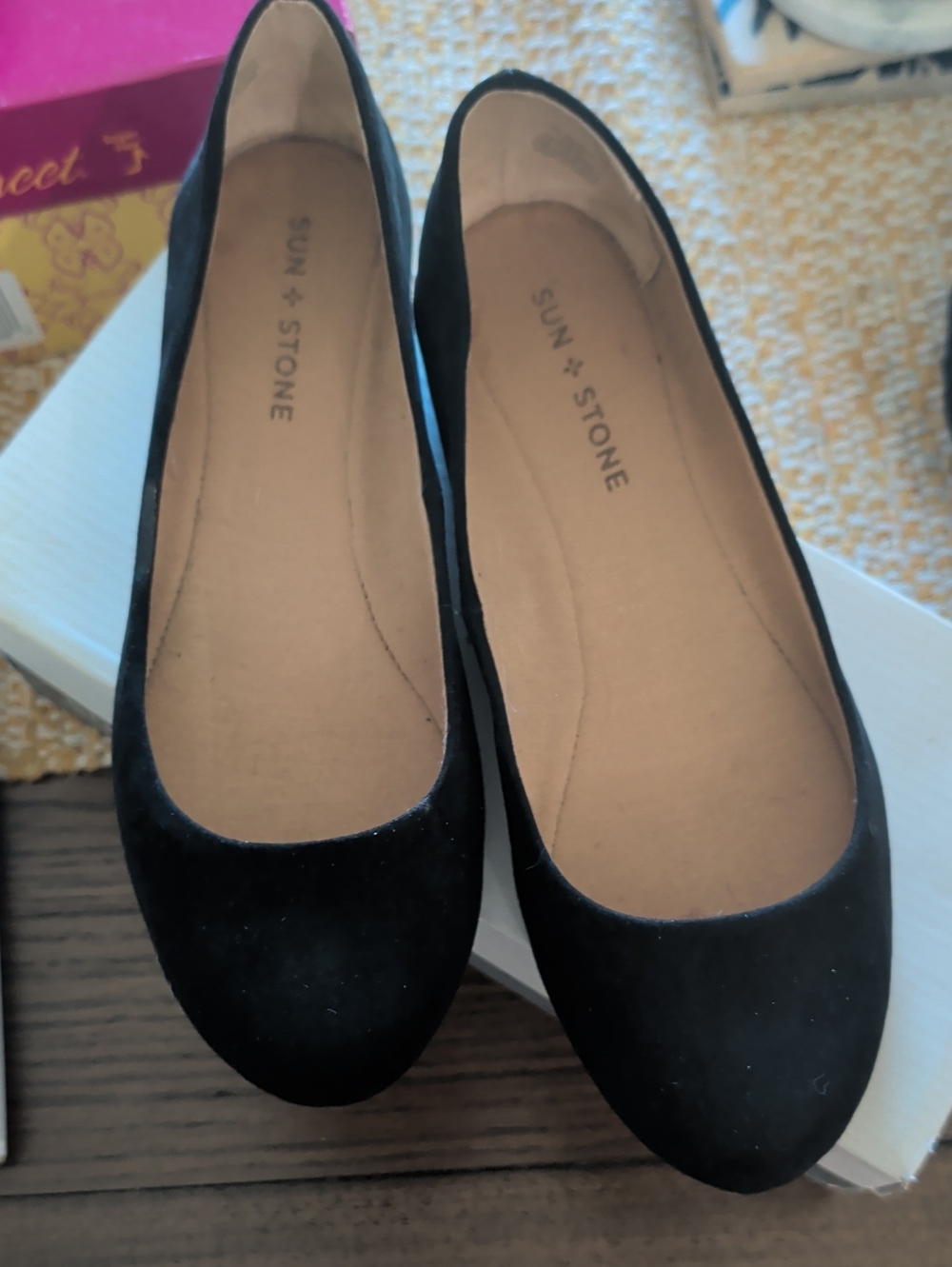 Sun + Stone Black Suede Round-Toe Ballet Flats